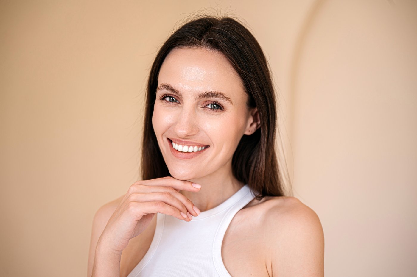 A woman with a naturally refreshed, open-eyed appearance