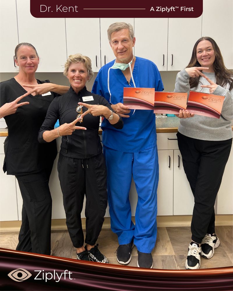 Dr. Kent and staff holding Ziplyft upper eyelid lift kits